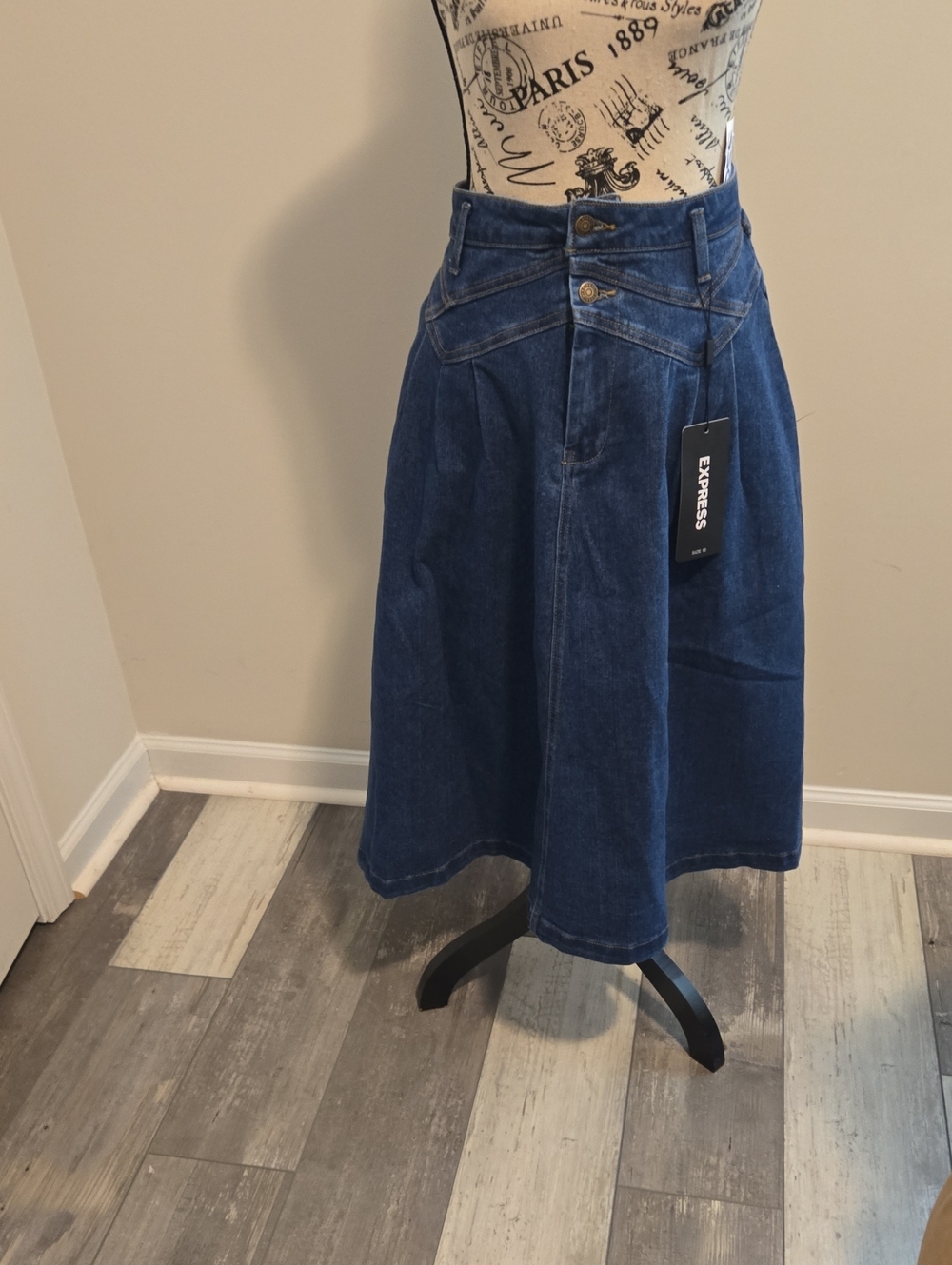 Express Blue Denim A-Line Midi Skirt